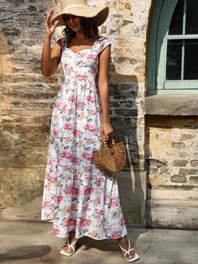 Shein Floral Print Shirred Ruffle Hem Dress